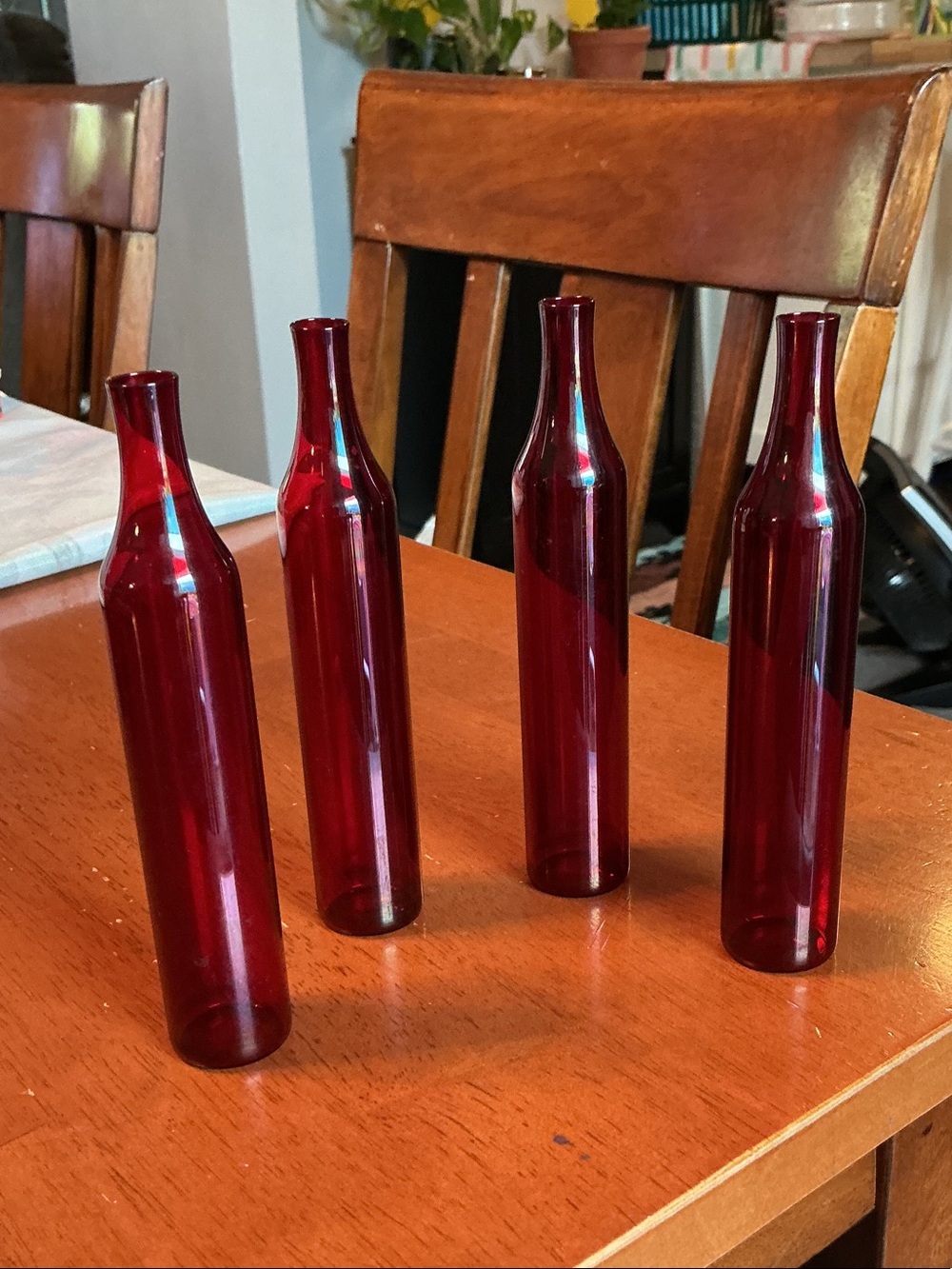 Ruby red vintage hand blown glass bud vases, set of 4